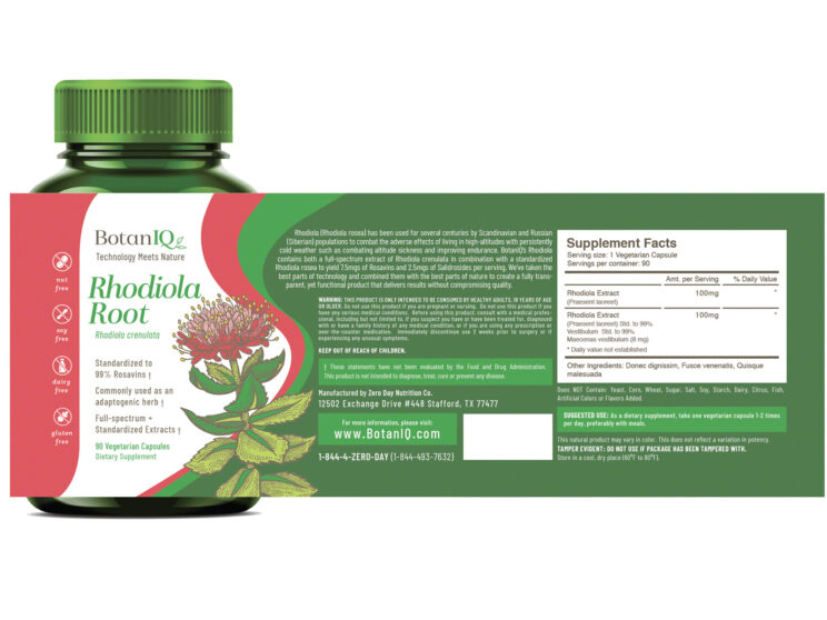 BotanIQ Rhodiola Root, Supplement Facts, Bottle