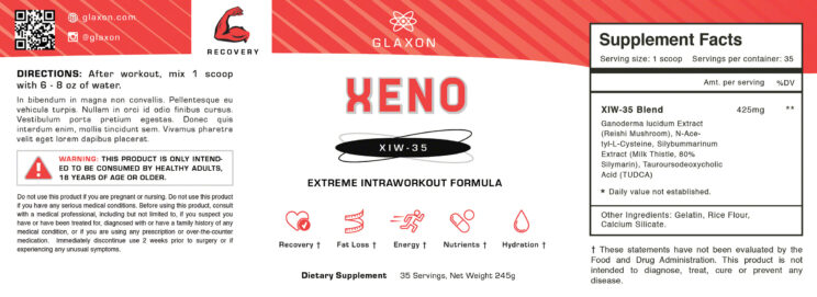 Glaxon Xeno, supplement facts, label design