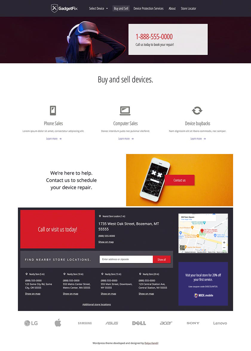 Dalya Kandil designed and coded grid based designs for a WordPress theme representing mobile repair shops for clients of Repair Lift Marketing