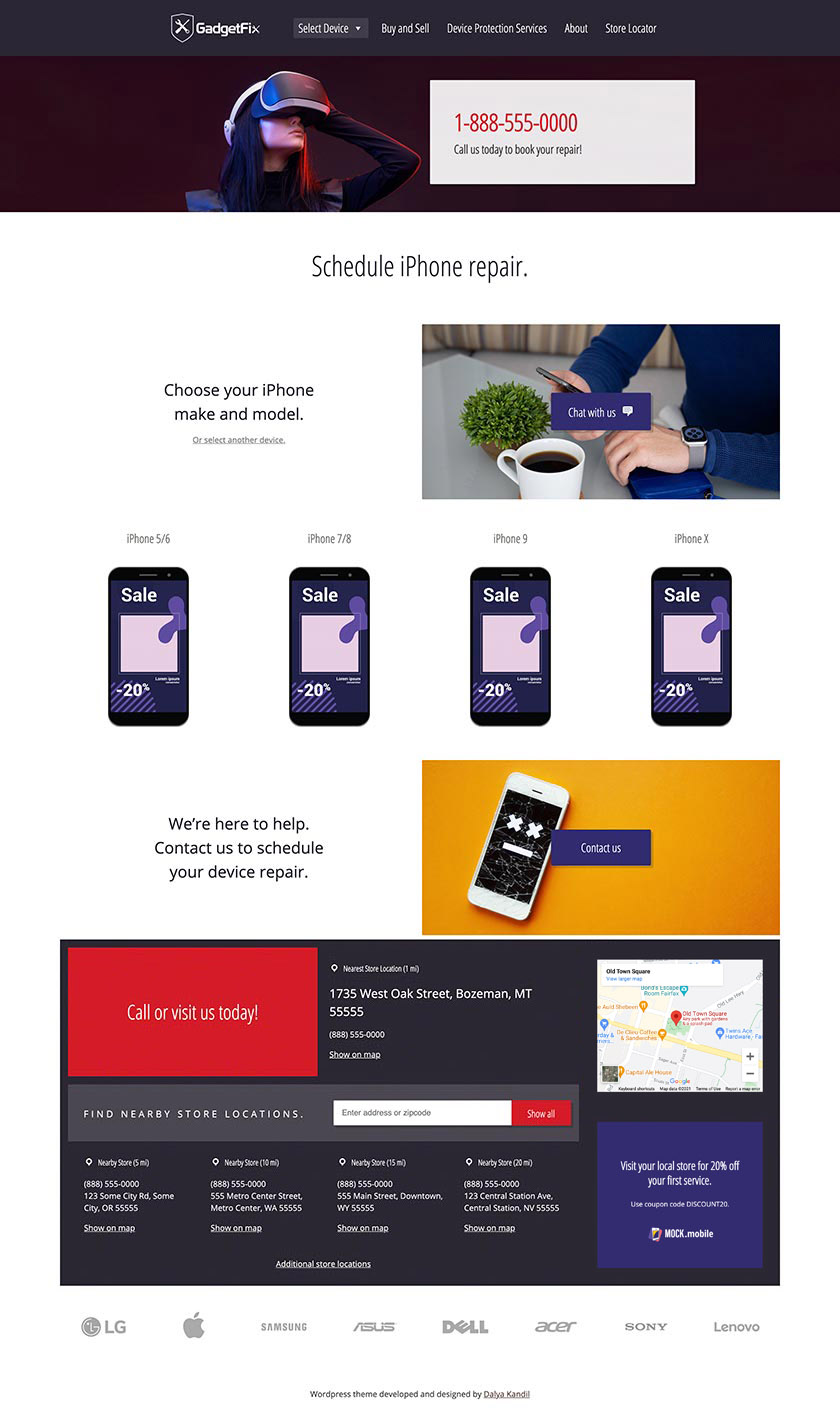 Dalya Kandil designed and coded grid based designs for a WordPress theme representing mobile repair shops for clients of Repair Lift Marketing