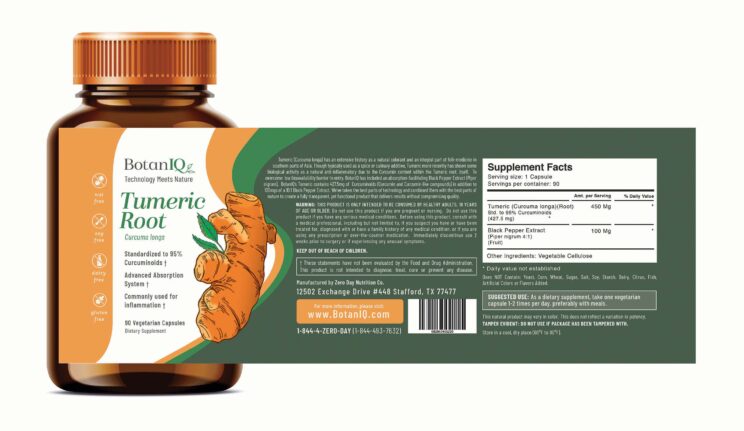 BotanIQ, Tumeric Root Label, Supplement Facts, Bottle