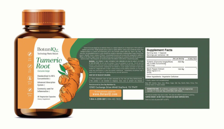 BotanIQ, Tumeric Root Label, Supplement Facts, Bottle