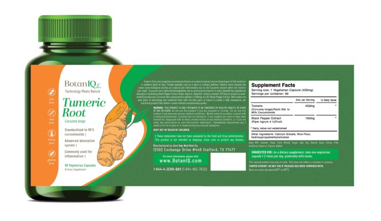 BotanIQ, Tumeric Root Label, Supplement Facts, Bottle