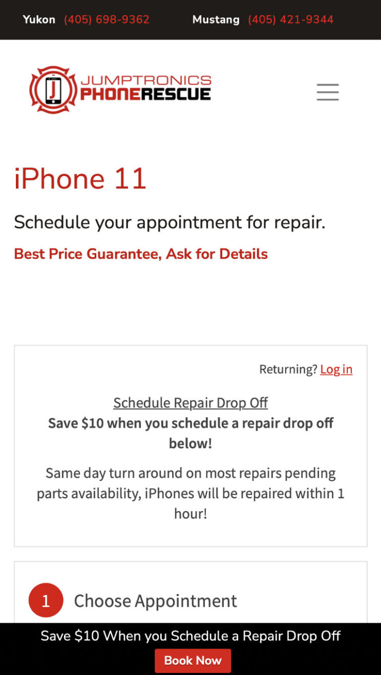 Jumptronics Phone Rescue, mobile page, repair service