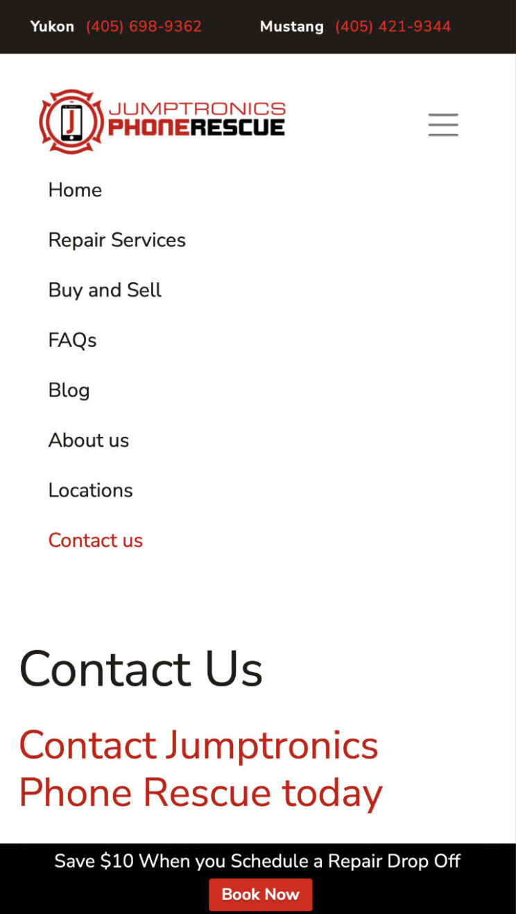 Jumptronics Phone Rescue, mobile, contact page
