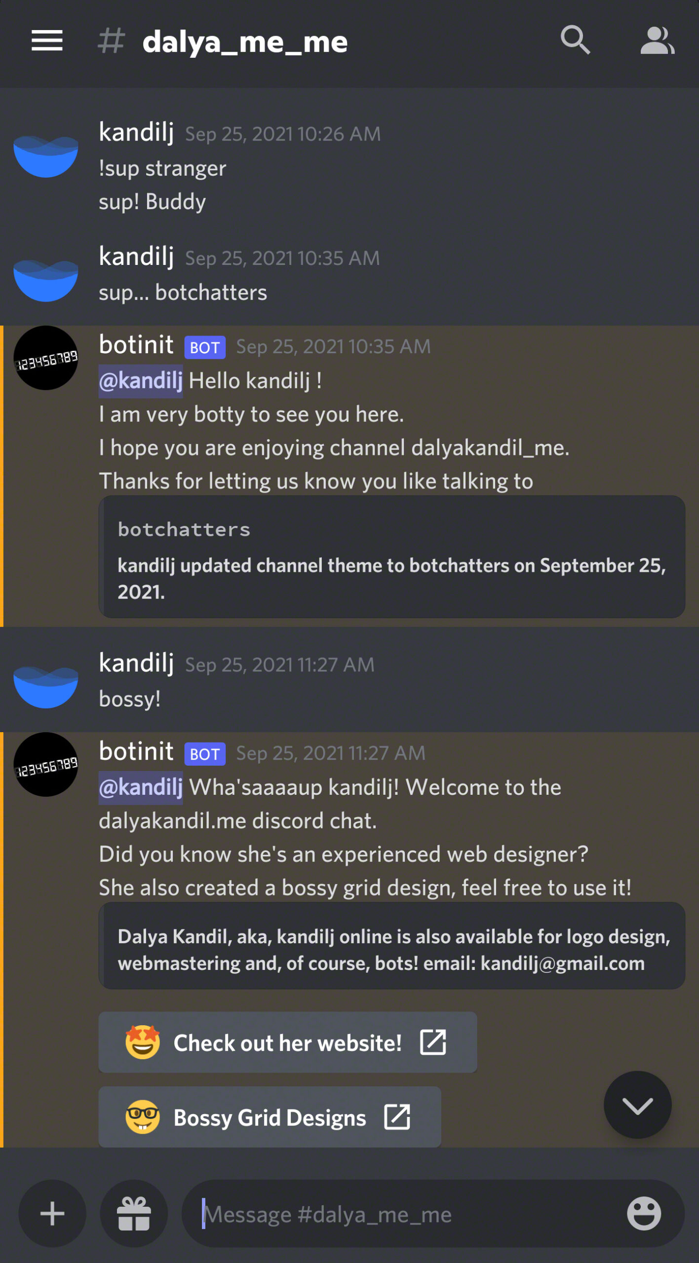 Dalya Kandil programmed bot interactions using BotDesigner for Discord