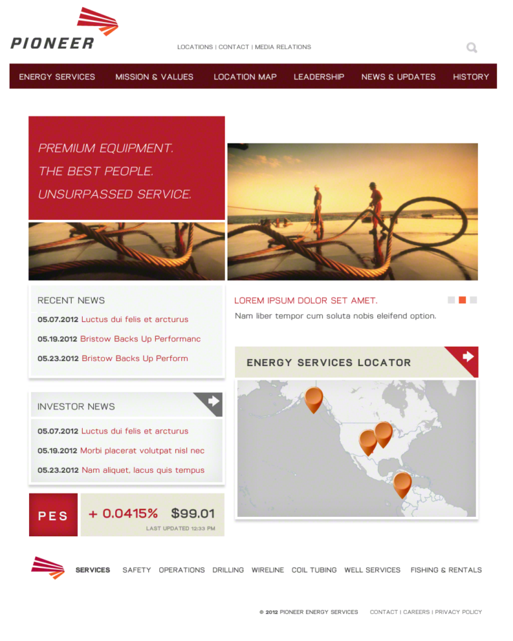 Pioneer homepage, designed for Pennebaker