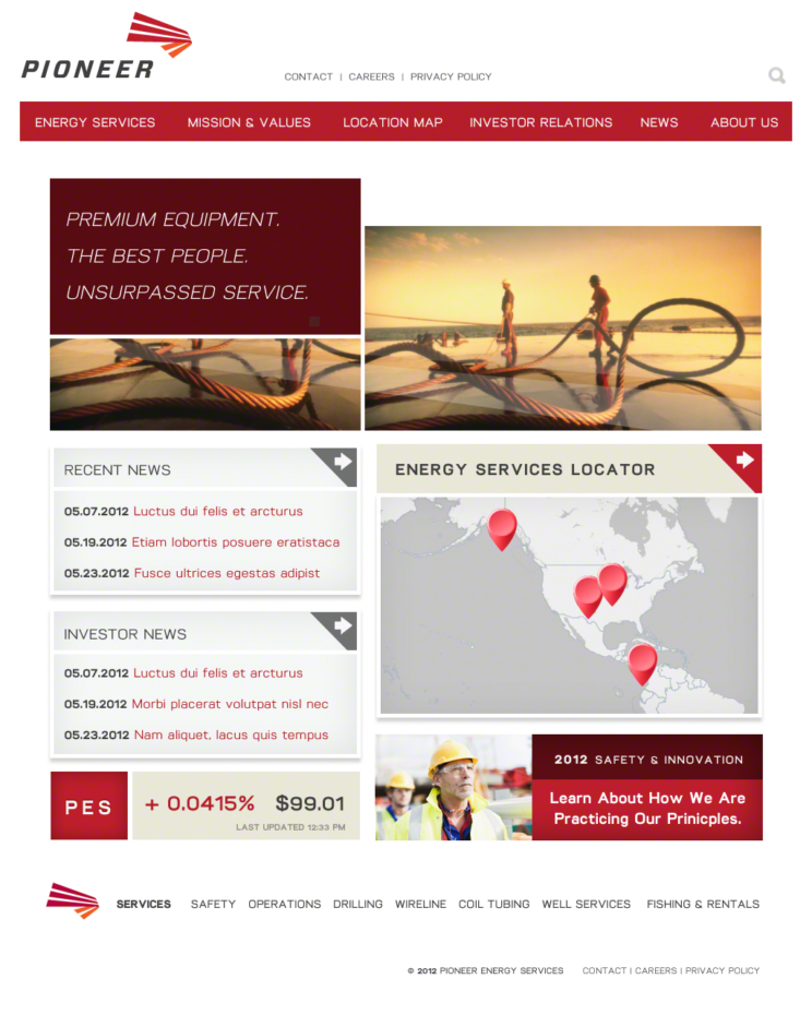 Dalya Kandil designed a homepage for Pioneer Energy Services. Pennebaker designed Pioneer Logo © 2012 Pennebaker