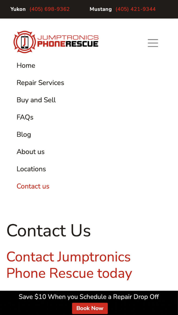 Jumptronics Phone Rescue, mobile page layout, contact