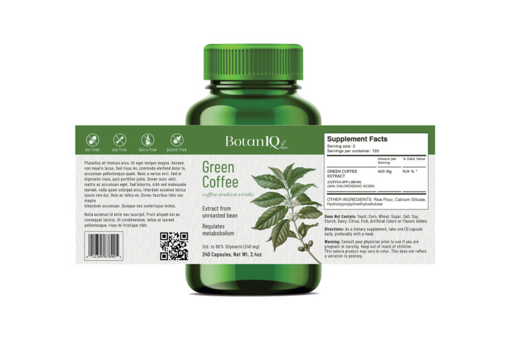 BotanIQ Green Coffee Label, Supplement Facts, Bottle