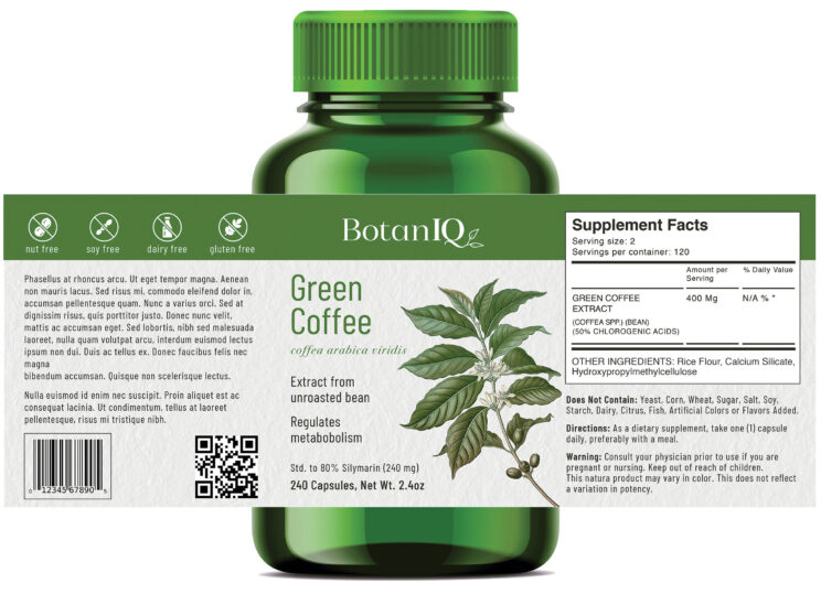 BotanIQ Green Coffee Label, Supplement Facts, Bottle