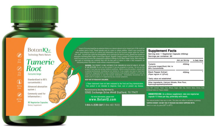BotanIQ, Tumeric Root Label, Supplement Facts, Bottle.