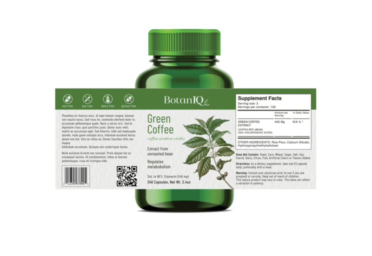 BotanIQ Green Coffee Label, Supplement Facts, Bottle