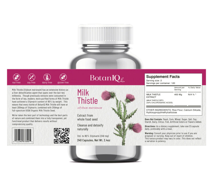 BotanIQ, Milk Thistle, supplement facts, bottles