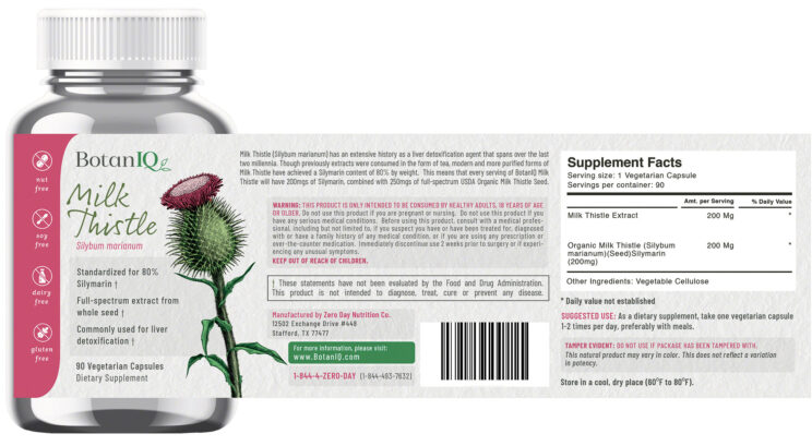 BotanIQ Milk Thistle Label, Supplement Facts, Bottle