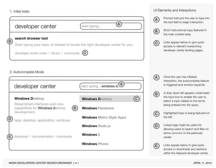 29th Drive for MSDN, UX wireframes, Search tools